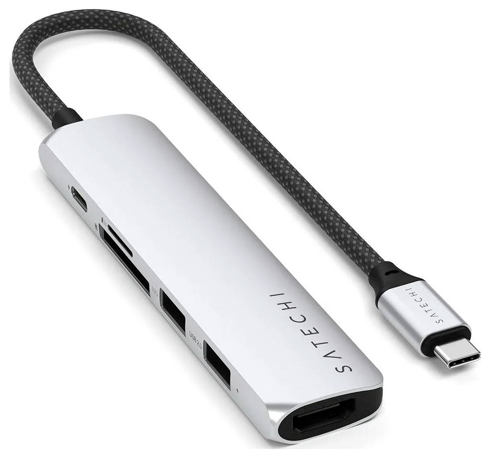 USB-C-Hub mit mehreren Anschlüssen: HDMI, SD-Kartenleser, USB-A. Graues, schlankes Design mit kurzem Verbindungskabel.