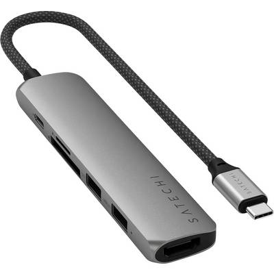 Ein grauer USB-C-Hub mit mehreren Anschlüssen, darunter HDMI, USB und SD-Kartenleser. An einem Ende befindet sich ein USB-C-Stecker.