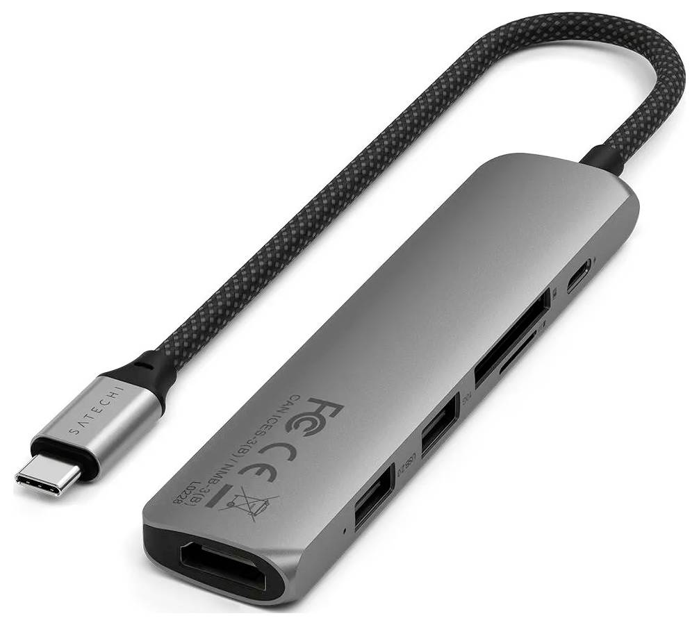 USB-C-Adapter mit mehreren Anschlüssen: HDMI, USB-A, SD-Kartensteckplatz und Ethernet für erweiterte Konnektivität.