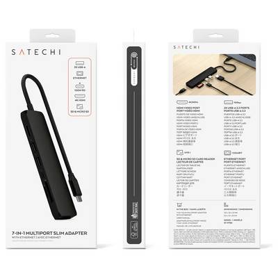 Verpackung eines Satechi 7-in-1-Multiport-Adapters. Zeigt USB-C-Stecker, Ethernet-, HDMI-, USB-A- und SD-Kartenanschlüsse.