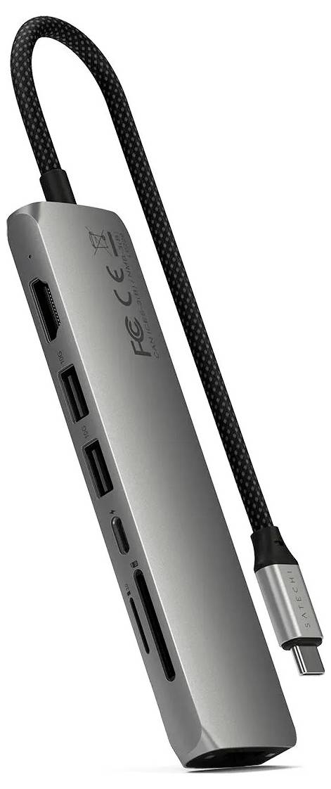 Ein USB-C-Hub mit mehreren Anschlüssen, einschließlich USB, HDMI und SD-Kartensteckplätzen, zum Anschließen verschiedener Geräte.