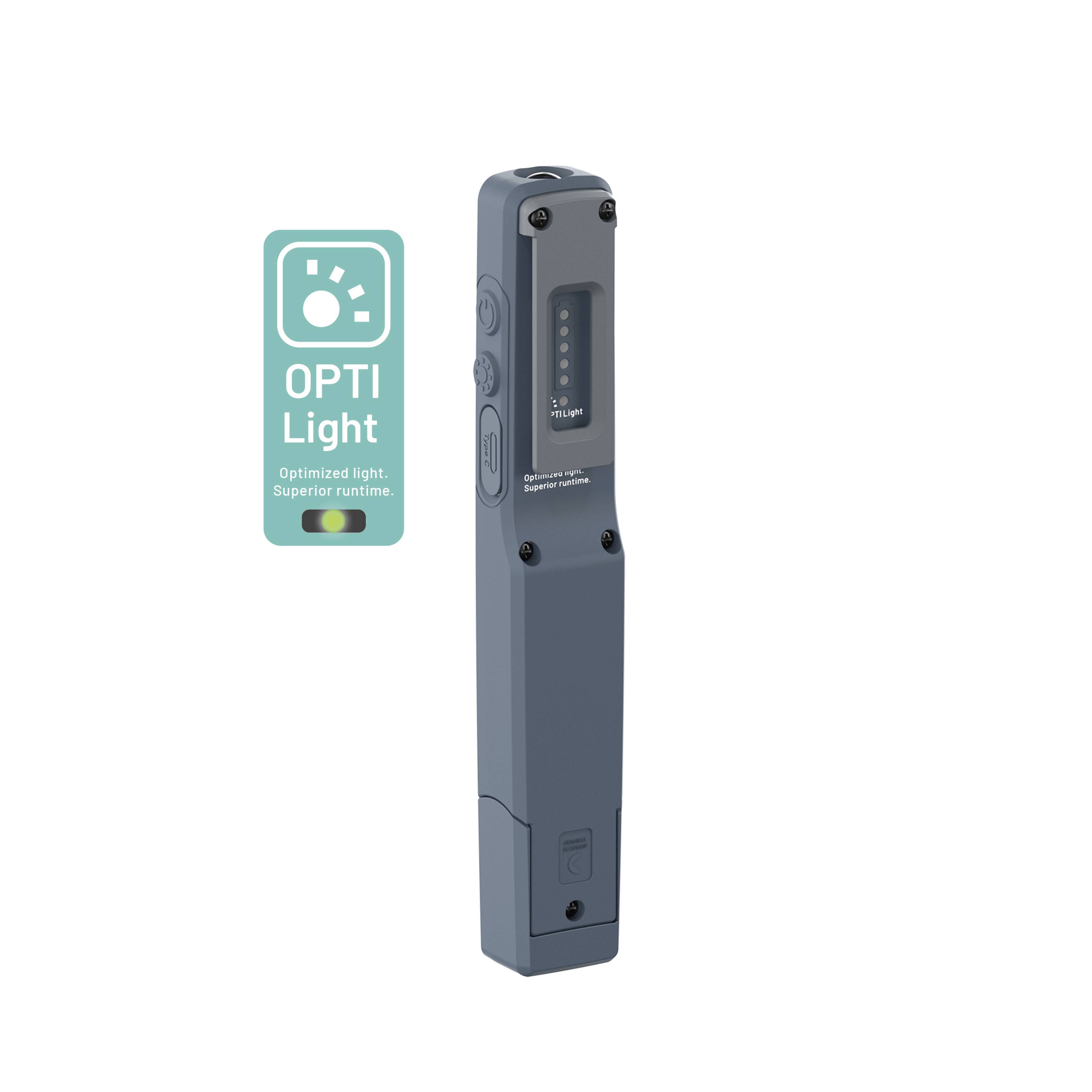 'Taschenlampe mit grauem Gehäuse und vertikaler Anzeige. Nebenstehender Text: OPTI Light, Optimized light. Superior runtime.'