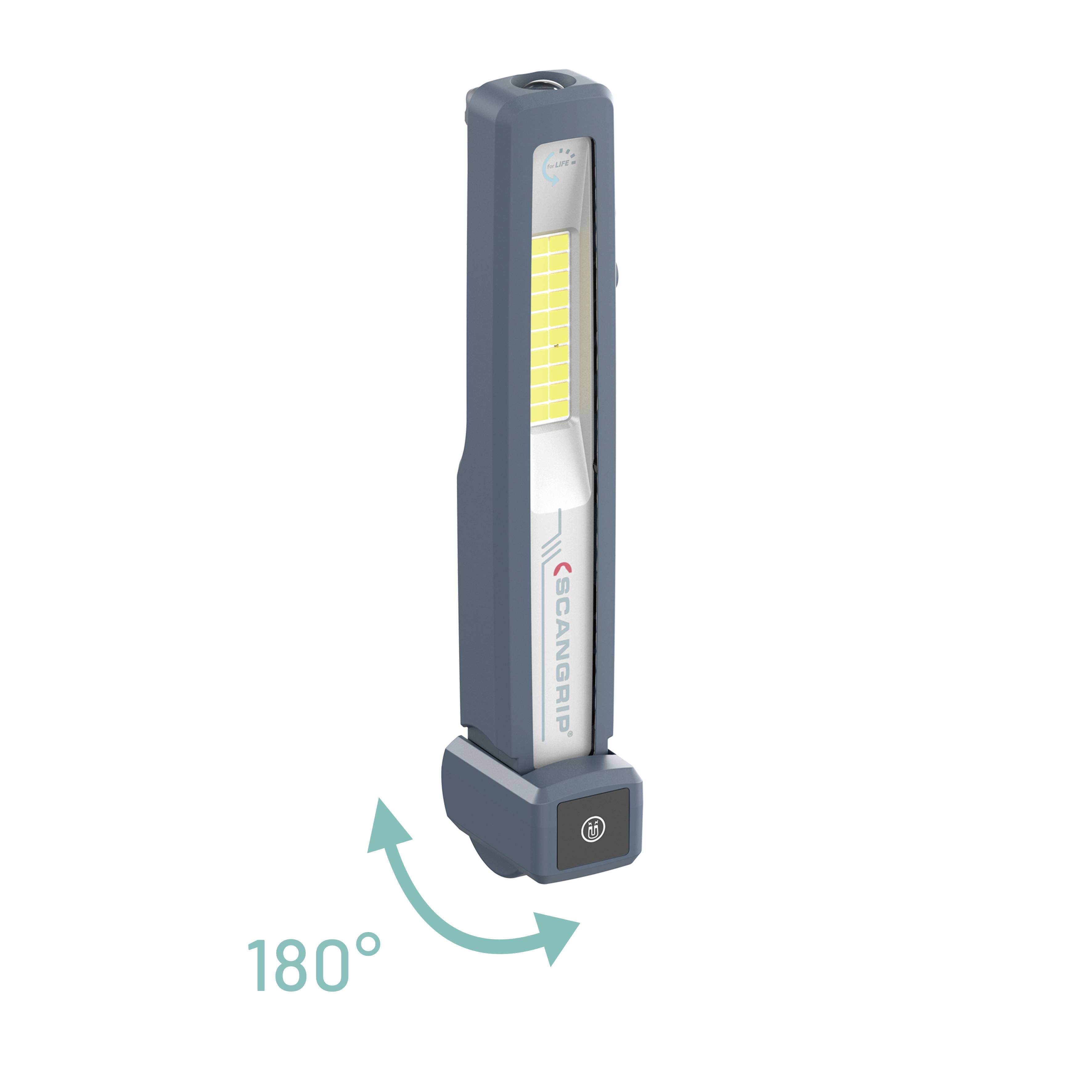 'Akku-Leuchte Scangrip'. Tragbare LED-Arbeitslampe in Grau, zeigt eine Drehbewegung von 180 Grad.