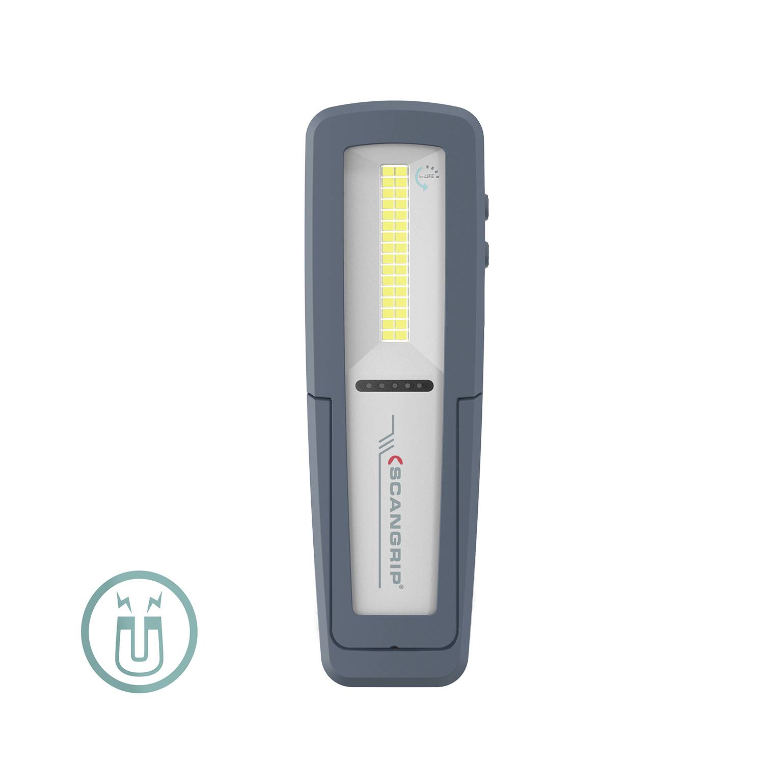 Eine tragbare LED-Arbeitsleuchte mit grauem Gehäuse, vertikalem Lichtstreifen und einem Magneten-Symbol daneben, das Haftung andeutet.