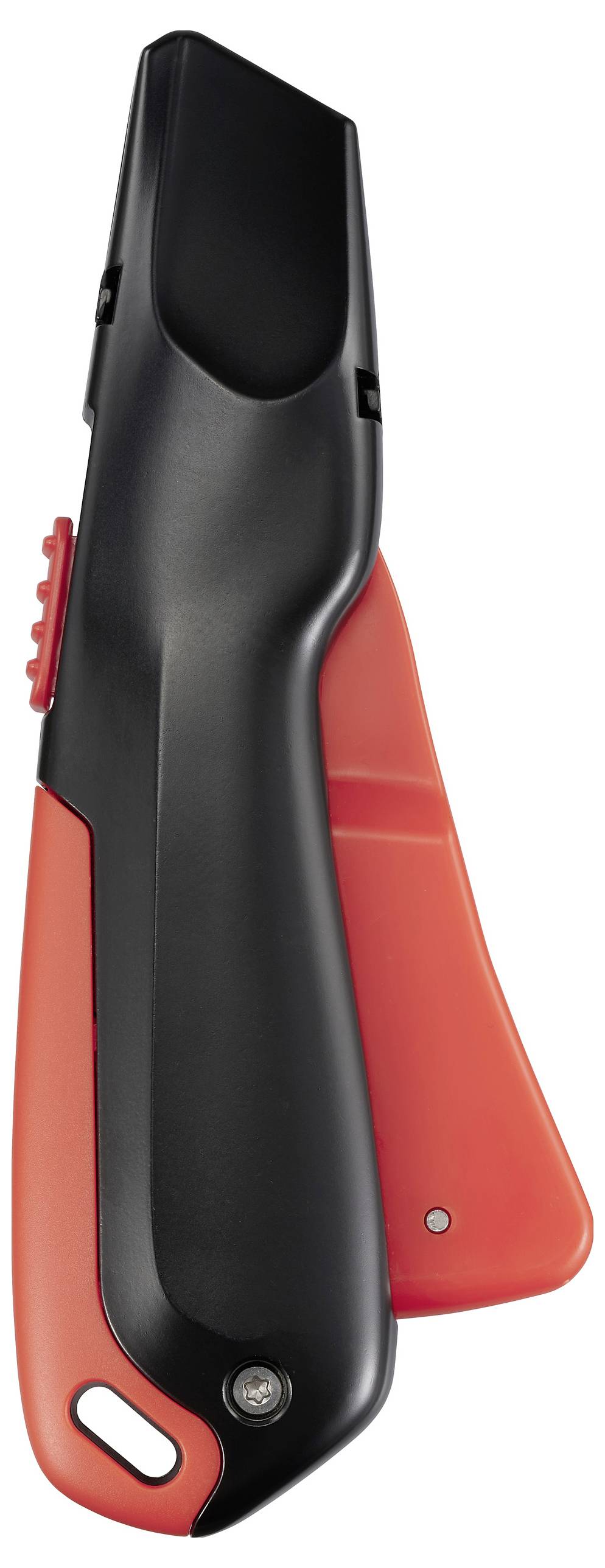 Ein schwarzes und rotes Sicherheitsmesser mit ergonomischem Griff, geeignet für präzises Schneiden und Sicherheitsanwendungen.
