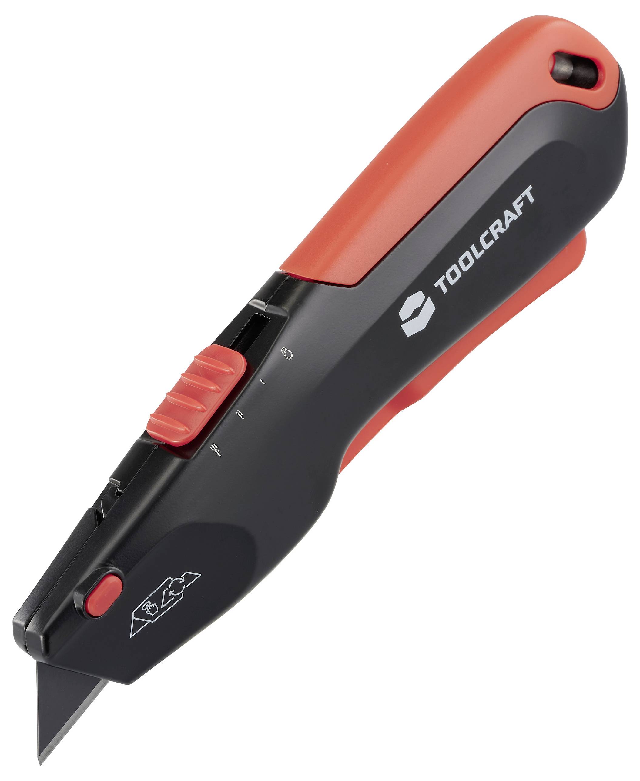 Ein schwarzes und rotes Sicherheitsmesser von Toolcraft mit einer einziehbaren Klinge und einem Schieberegler zur Klingenanpassung.