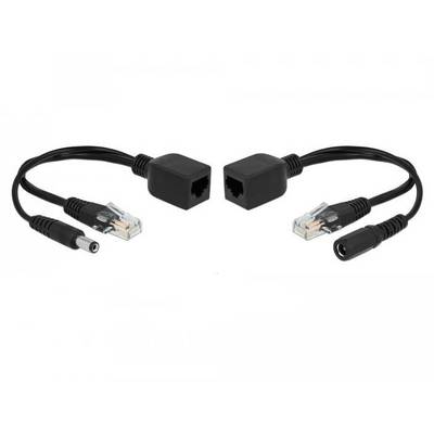Zwei schwarze Ethernet-PoE-Splitter-Kabel mit RJ45- und DC-Anschlüssen, die gegenüberliegen.