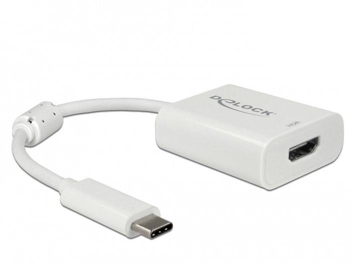 Ein weißer Adapter mit USB-C-Stecker und HDMI-Buchse, um USB-C-Geräte mit HDMI-kompatiblen Displays zu verbinden.