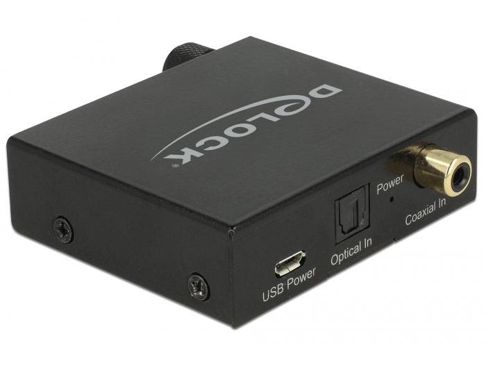 Schwarzer Audio-Konverter mit USB Power, Optical In, Coaxial In und Power-Anschlüssen. Markierung: 'Delock' auf der Oberseite.