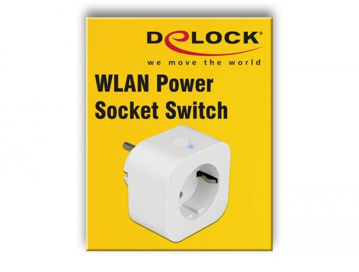 Gelbe Verpackung mit der Aufschrift 'WLAN Power Socket Switch' und Abbildung einer weißen WLAN-Steckdose von Delock.