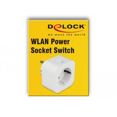 Gelbe Verpackung mit der Aufschrift 'WLAN Power Socket Switch' und Abbildung einer weißen WLAN-Steckdose von Delock.