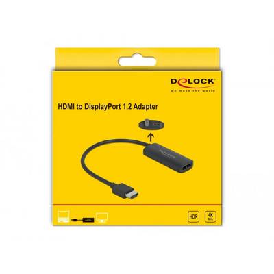 'Delock HDMI zu DisplayPort 1.2 Adapter' Verpackung, zeigt Adapter und Anschluss. Unterstützt HDR, 4K, kompatible Geräteillustrationen.