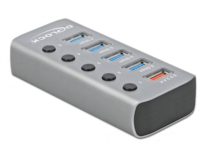 Delock 63262 USB-Hub 4+1 Port USB-A, DC-Buchse 3.5 mm USB 3.1 Gen1 5 GBit/s Grau 63262-1