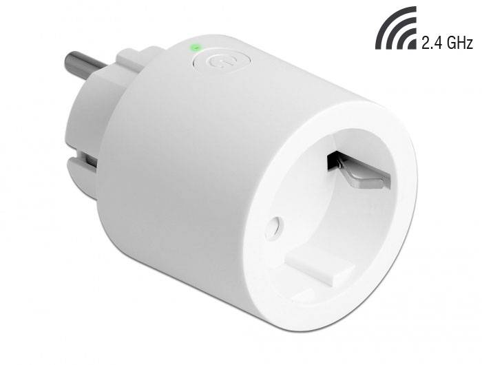 Weißer Smart-Stecker mit europäischem Steckerdesign und WLAN-Funktionalität bei 2,4 GHz. Oben ein kleines grünes Licht.