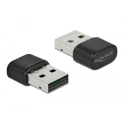 Zwei schwarze USB-Adapter von Delock, einer mit Blick auf den USB-Steckkopf, der andere zeigt die seitliche Aufschrift 'DELOCK'.