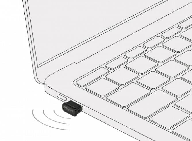 Ein USB-Dongle ist an einen Laptop angeschlossen. Wellenlinien deuten auf eine kabellose Verbindung hin.