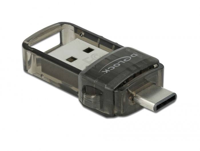Ein USB-C-zu-USB-A-Adapter in schwarzem Kunststoffgehäuse, geeignet zum Anschluss von USB-Geräten an Geräte mit nur USB-C-Anschlüssen.