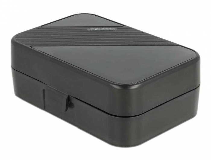 Schwarzes, rechteckiges Etui mit abgerundeten Ecken und einem Scharnierverschluss.