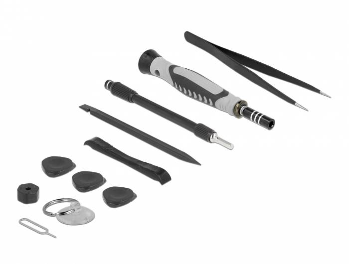 Reparatur-Satz mit verschiedenen Schraubendrehern, Pinzette und kleinen Werkzeugen, die für technische und elektronische Arbeiten geeignet sind.