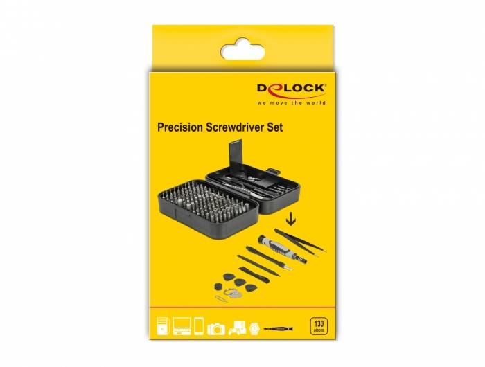 Verpackung eines Präzisions-Schraubendreher-Sets von Delock. Zeigt geöffnete Box mit verschiedenen Schraubendreheraufsätzen.