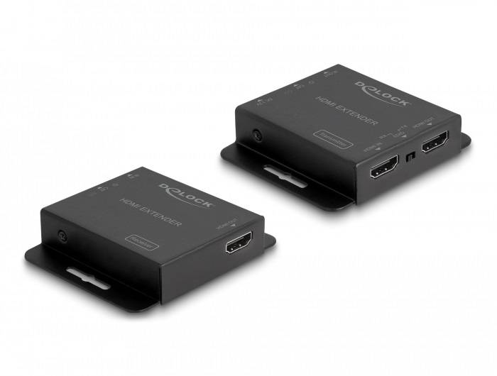 Zwei schwarze HDMI-Extender von Delock mit weißem Logo, jeweils mit einem HDMI-Anschluss auf der linken Seite und zwei auf der rechten Seite.