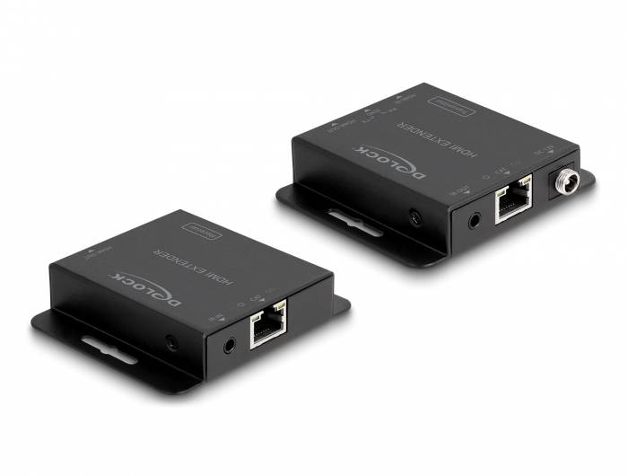 Zwei schwarze Adapterkästen mit Ethernet-Anschlüssen und dem Logo 'DE-LOCK'. Einer hat zusätzlich einen Koaxialanschluss.
