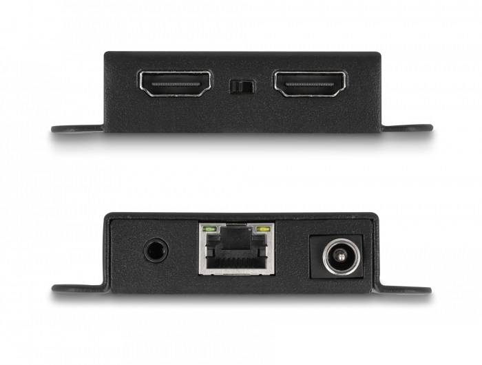 'Zwei schwarze Anschlussplatten: Oben mit zwei HDMI-Anschlüssen, unten mit AUX, Ethernet und koaxialem Anschluss in einer Reihe.'