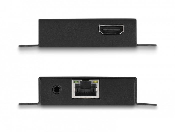Anschlussgerät mit zwei Ports. Oben ist ein HDMI-Port, unten ein Ethernet-Port und ein Audiobuchse sichtbar. Geeignet für Medienverbindung.