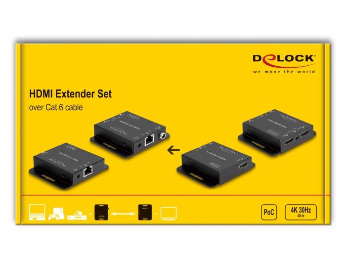 'HDMI Extender Set über Cat.6 Kabel' auf gelbem Hintergrund. Zeigt vier schwarze Extender mit Verbindungspfeilen, Markenlogo 'Delock'. Für verlustfreies 4K 30Hz Signal über Distanz.