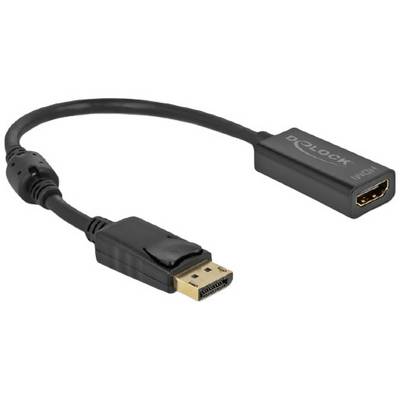 Ein schwarzes Adapterkabel mit DisplayPort-Stecker auf HDMI-Buchse, geeignet für die Verbindung von Computern mit Monitoren oder Fernsehern.