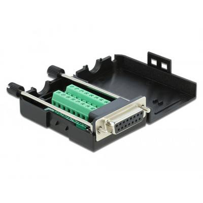 Ein offenes Gehäuse mit einem DB9-Stecker und grünen Schraubklemmen zur Stromverbindung, auf schwarzer Kunststoffbasis montiert.