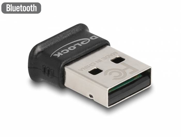 Ein USB-Bluetooth-Adapter liegt auf einer Oberfläche. Auf dem Gehäuse ist 'Bluetooth' und 'Made in China' zu lesen.