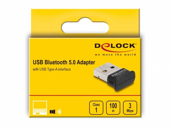'Gelbe Verpackung eines DELOCK USB Bluetooth 5.0 Adapters, kompatibel mit USB Typ-A. Reichweite 100 m, Klasse 1, Übertragungsrate 3 Mbps.'
