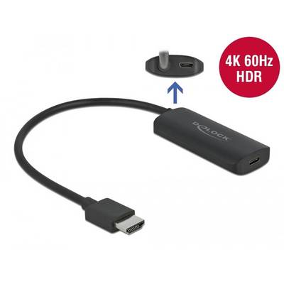 Ein HDMI-Adapterkabel mit USB-C-Anschluss, geeignet für 4K 60Hz HDR, schwarzes Design, Markenname 'Delock' auf dem Gehäuse.