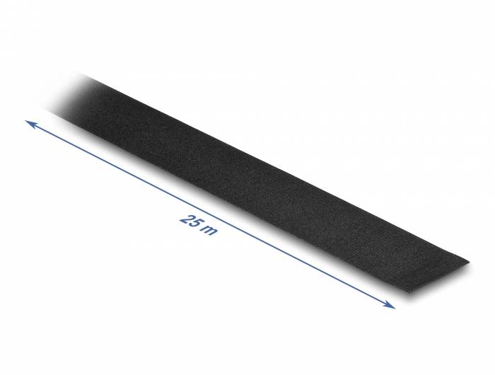 Schwarzes Band mit einer Länge von 25 Metern, markiert durch einen blauen Doppelpfeil darunter, der die Länge anzeigt.
