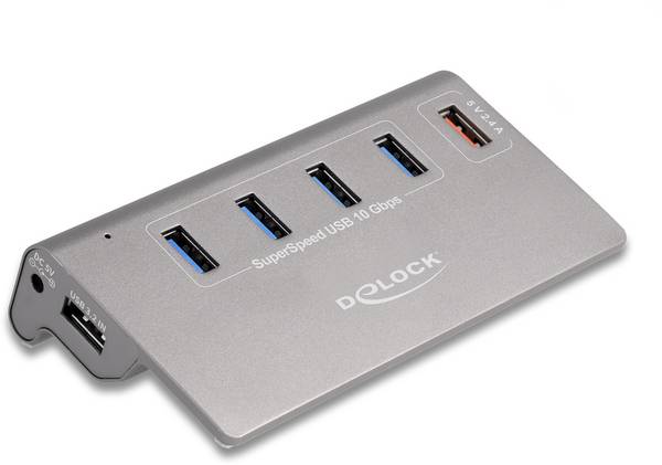 Delock 64182 USB-Hub 4+1 Port USB-A, DC-Buchse 3.5 mm USB 3.2 Gen2 10 GBit/s Grau 64182