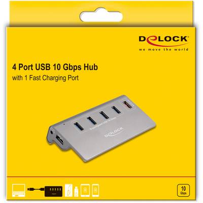 Delock 64182 USB-Hub 4+1 Port USB-A, DC-Buchse 3.5 mm USB 3.2 Gen2 10 GBit/s Grau 64182-5
