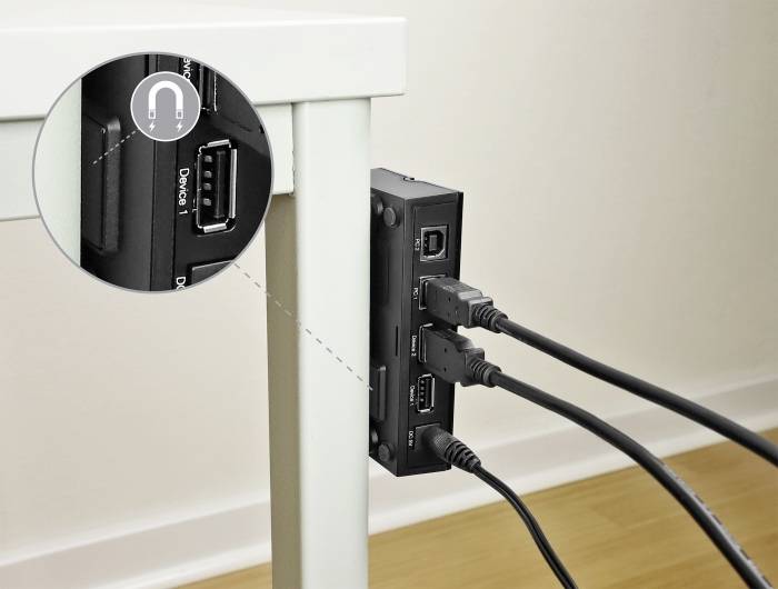 Ein USB-Hub unter einem Tisch montiert, mit vier angeschlossenen Kabeln. Vergrößerter Ausschnitt zeigt die Anordnung der Ports.