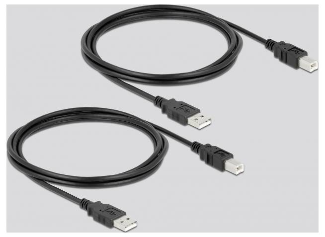 Zwei schwarze USB-Kabel mit unterschiedlichen Anschlüssen auf grauem Hintergrund.