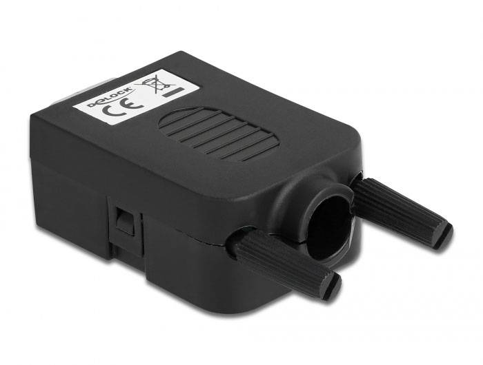 Schwarzer Adapter mit CE-Kennzeichnung, zwei Steckern und einem ovalen Anschluss, auf dem das Logo 'DeLock' steht.