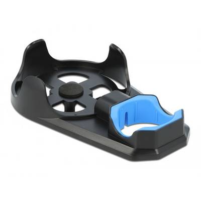 Schwarze Halterung mit blauer Innenfläche, geeignet zur Befestigung von Geräten oder Flaschen, auf hellem Hintergrund.