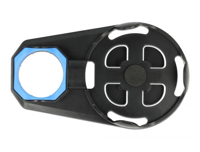 Ein schwarzes Kunststoffteil mit rundem und achteckigem Abschnitt. Der runde Abschnitt hat weiße Details und eine zentrale Vertiefung.