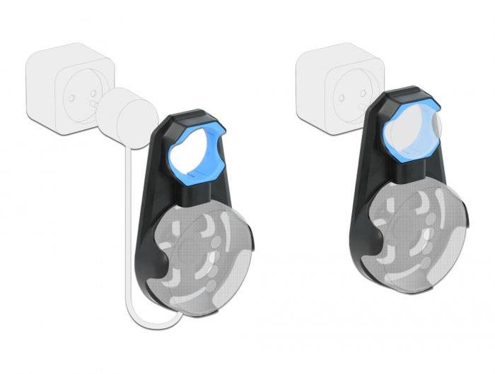 Zwei schwarze Wandhalterungen für elektrische Zahnbürsten mit blauem Clip und grauer Steckdosen-Symbolik im Hintergrund.