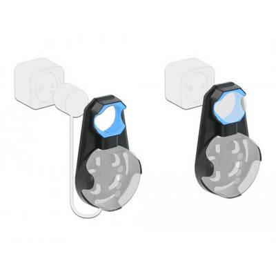Zwei schwarze Wandhalterungen für elektrische Zahnbürsten mit blauem Clip und grauer Steckdosen-Symbolik im Hintergrund.