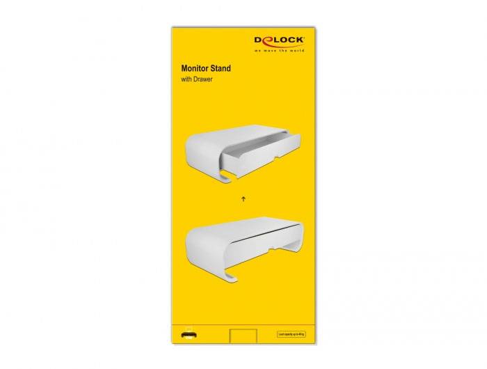 'Monitorständer mit Schublade' Verpackung zeigt Produktbilder. Weißer Ständer mit integriertem Stauraum für ergonomische Arbeitsplatzorganisation.