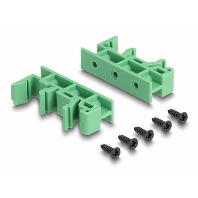 Zwei grüne Kunststoffhalterungen und fünf schwarze Schrauben zur Befestigung von elektrischen Bauteilen.