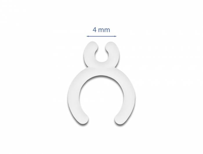 Ein weißer, hufeisenförmiger Plastikclip mit einem Durchmesser von 4 mm.