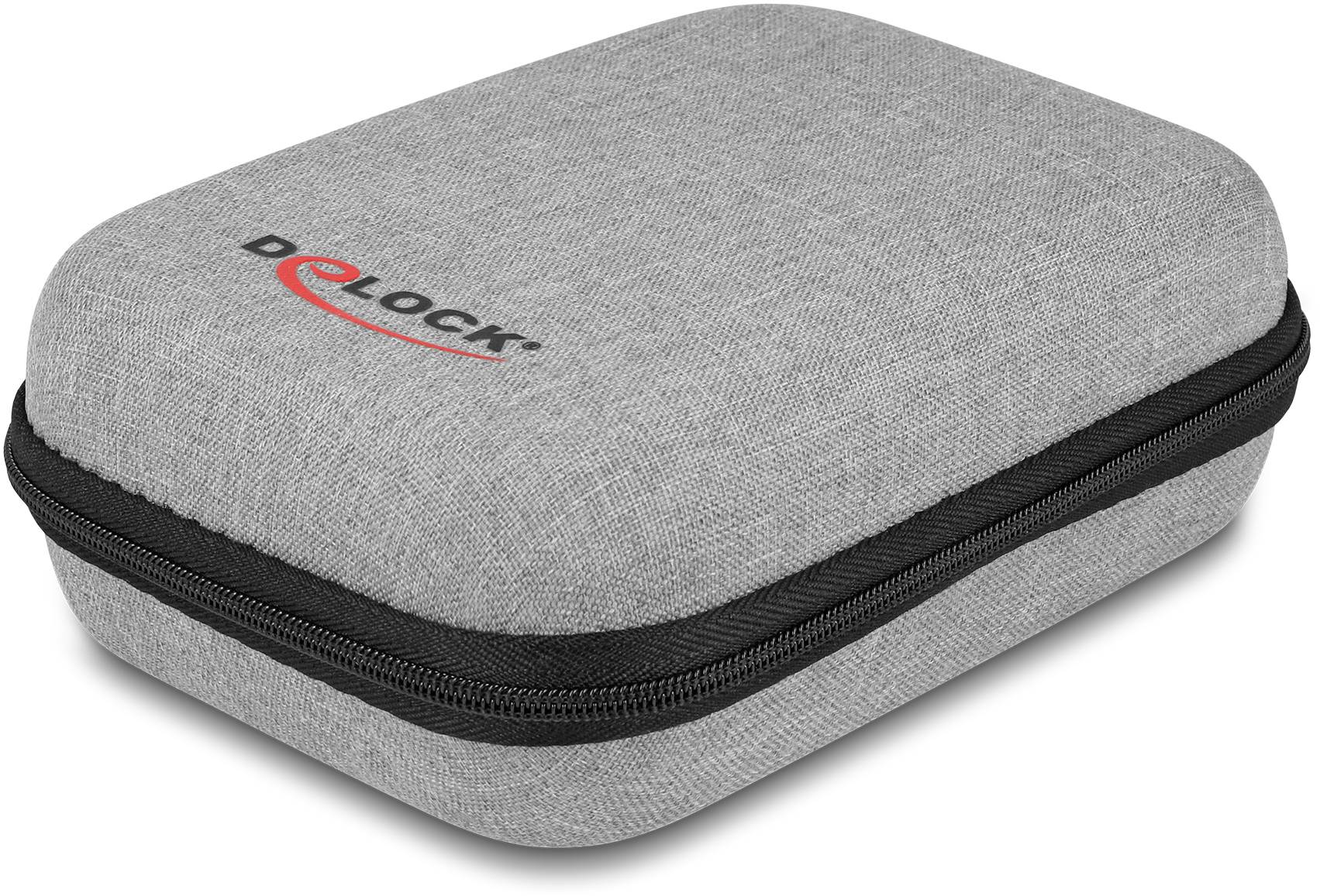 Grau-schwarze, rechteckige Schutztasche mit Reißverschluss und 'DELOCK'-Logo, ideal für elektronische Zubehörteile.