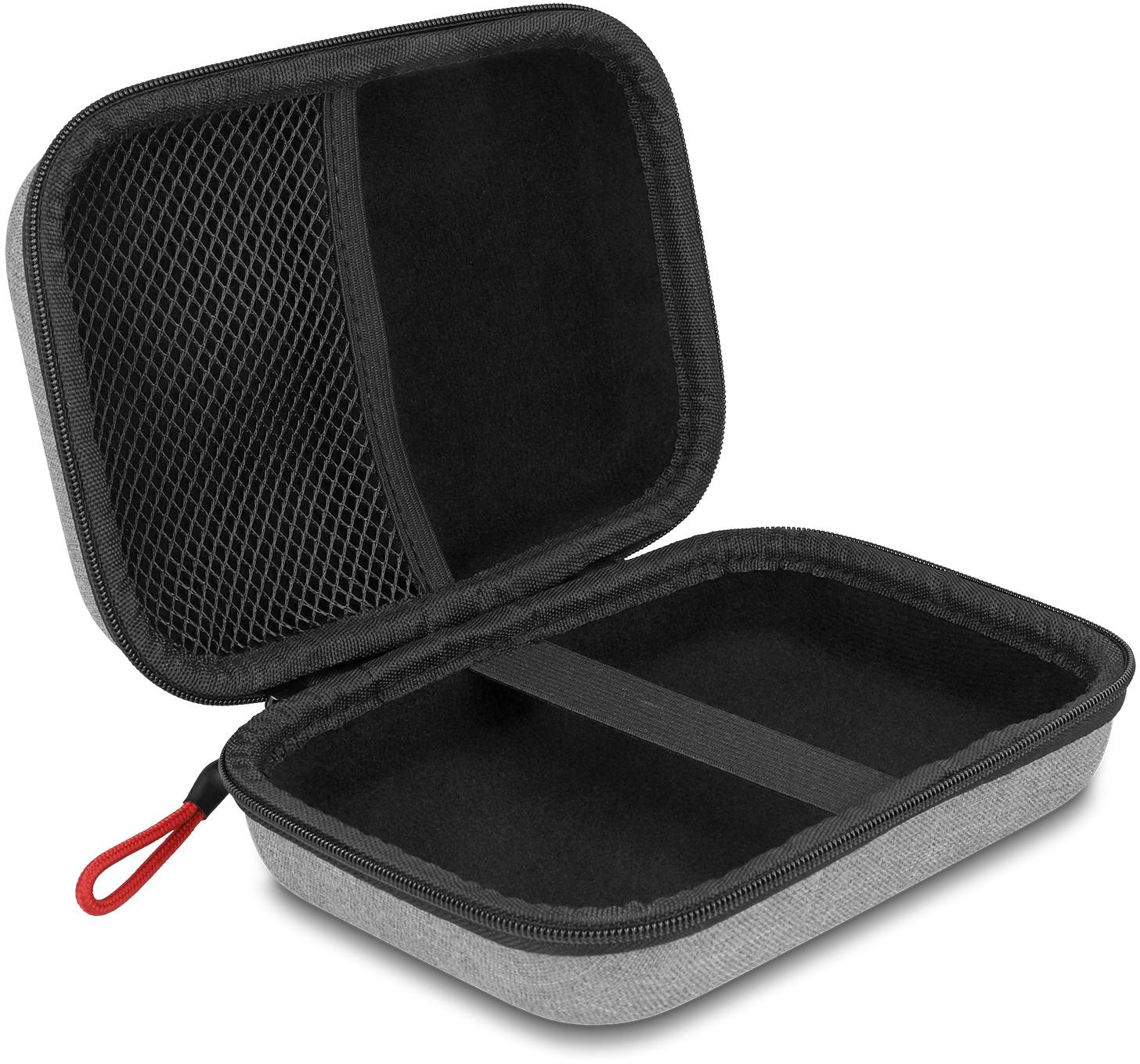 Graues Etui mit Reißverschluss, geöffnet, mit Netzfach auf der linken Seite und elastischem Band im Inneren zur Fixierung von Gegenständen.