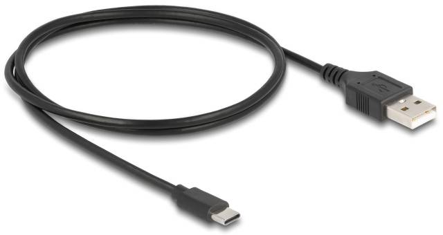 Schwarzes USB-Kabel mit USB-A- und USB-C-Steckern, verwendet zum Verbinden von Geräten wie Smartphones und Computern.